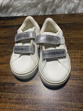 Veja Kids White Sneakers with Silver Velcro Straps